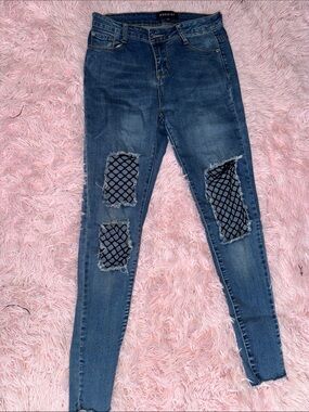 Parisian Works Blue Skinny Jeans with Black Fishnet Insets